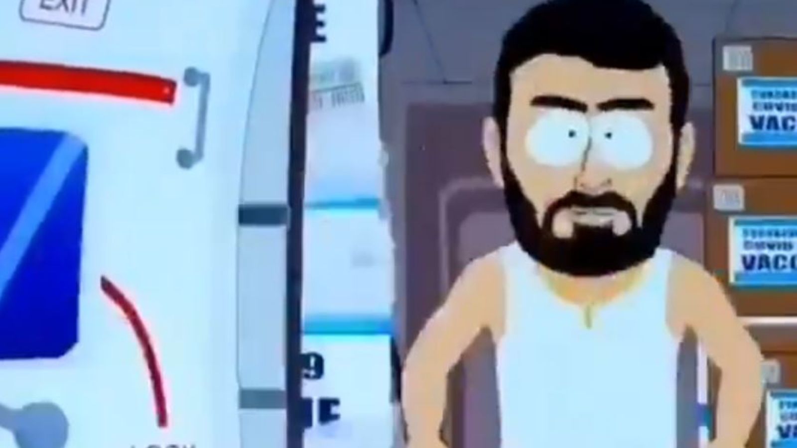 A stereotypically Israeli man hands out vaccines to the residents of South Park. (Screenshot/ Twitter)