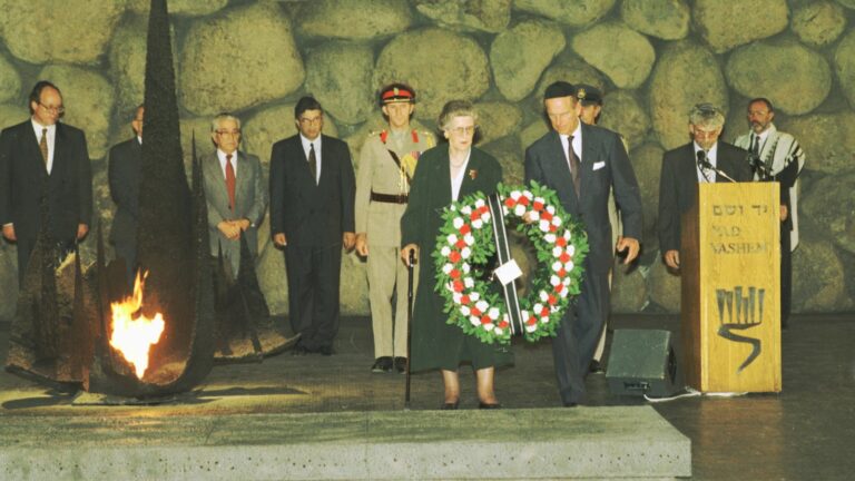 Prince Philip and his sister, Princess Sophie, laying a wreath at Yad Vashem Holocaust Memorial on October 31, 1994. Photo by Beni Berk from the Dan Hadani Archive, Pritzker Family National Photography Collection at the National Library of Israel