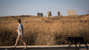 A man walks his dog next to an Iron Dome anti-missile battery near the city of Sderot in southern Israel. Photo by Yonatan Sindel/Flash90