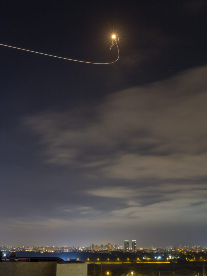 A rocket fired from the Gaza Strip is intercepted by the Iron Dome over Tel Aviv, on May 12, 2021. Photo by Matanya Tausig/Flash90