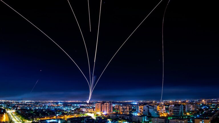 A long exposure picture shows Iron Dome firing interception missiles, as seen from the southern Israeli city of Ashdod on May 16, 2021. Photo by Avi Roccah/Flash90