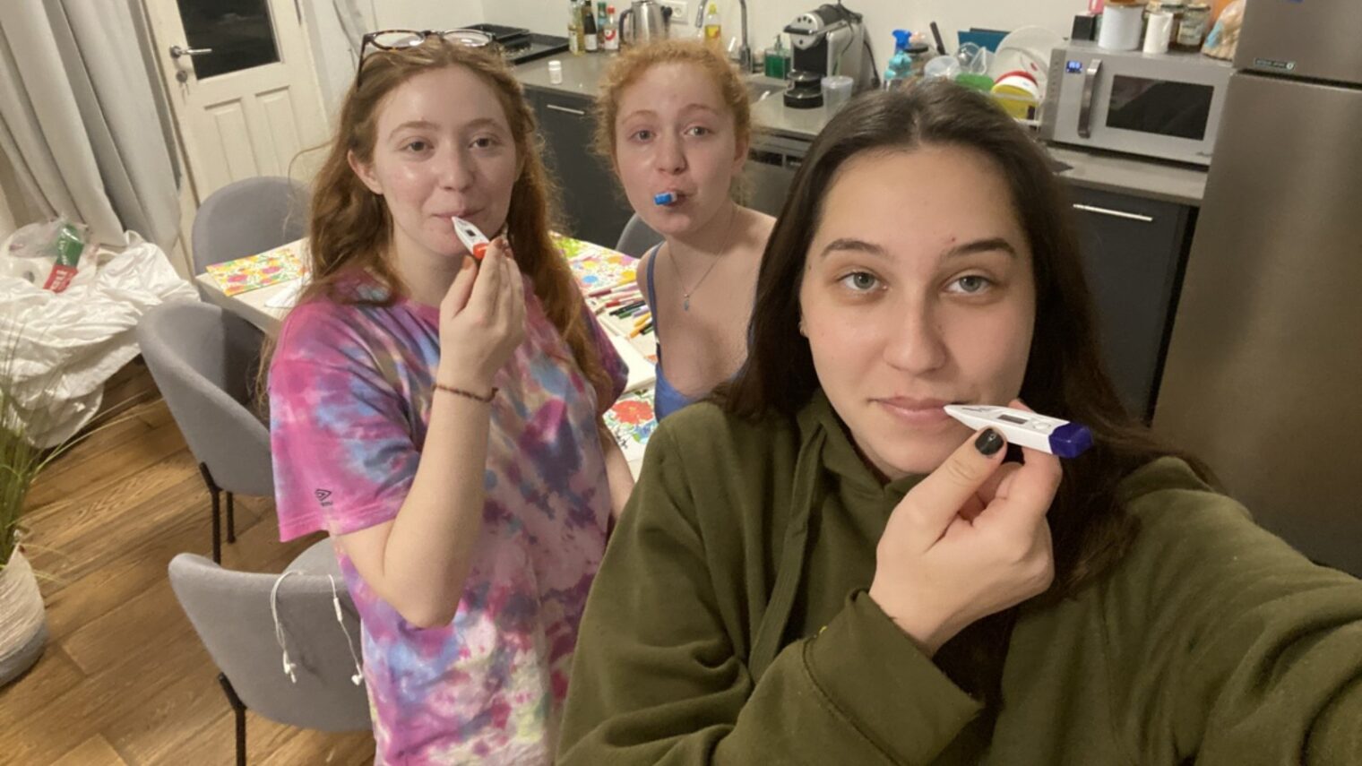 Danya Belkin, right, took this selfie of she and fellow gap-year friends co-quarantining.