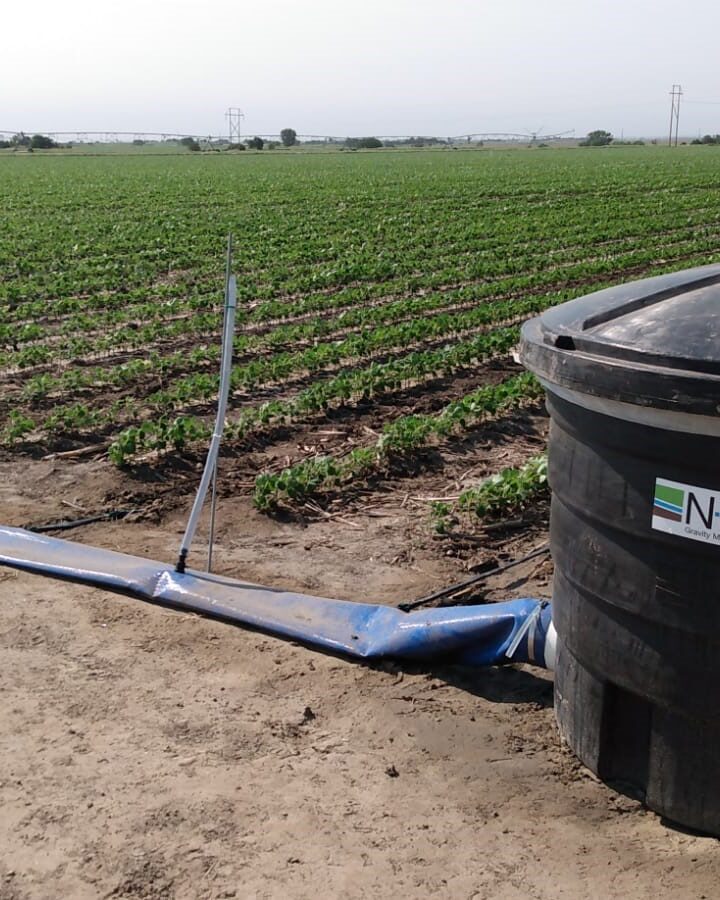 N-Drip’s system irrigating a Nebraska soybean field. Photo courtesy of N-Drip