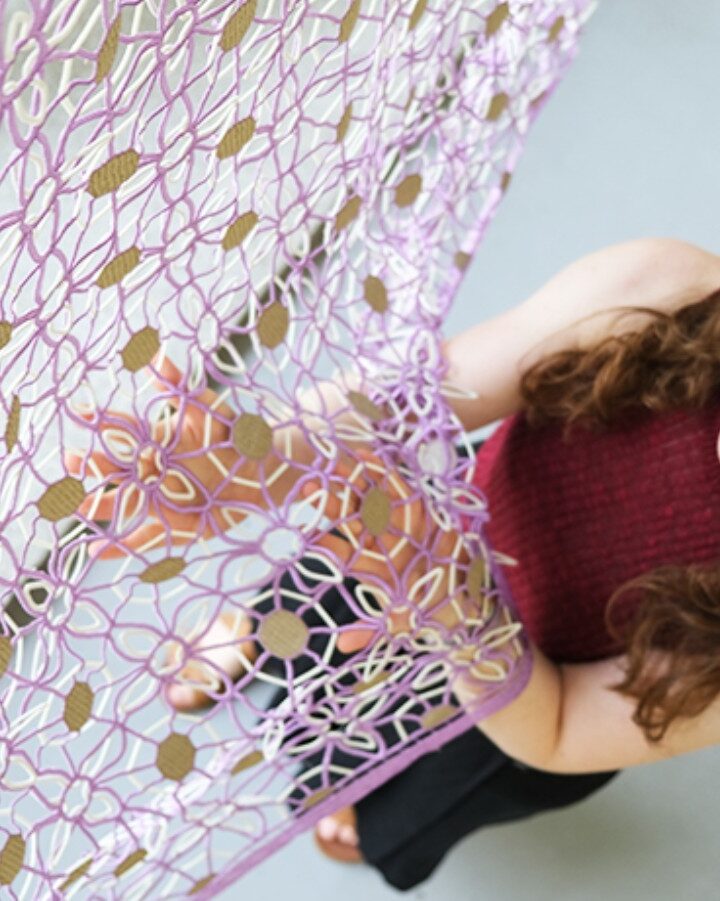 Ganit Goldstein displaying her conductive textile at her Royal college of Art graduation, July 25, 2021. Photo courtesy of Ganit Goldstein