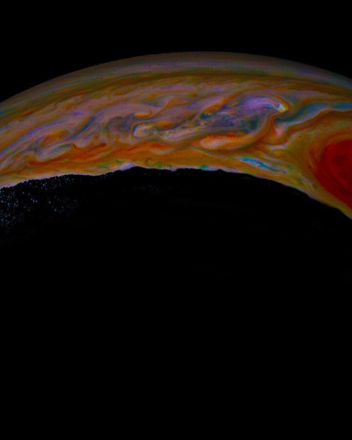 Jupiter’s already vibrant colors become especially striking in this artistic interpretation of an image from NASA’s Juno mission that shows the planet’s famous Great Red Spot. Image processed by Mary J. Murphy courtesy of NASA/JPL-Caltech/SwRI/MSSS