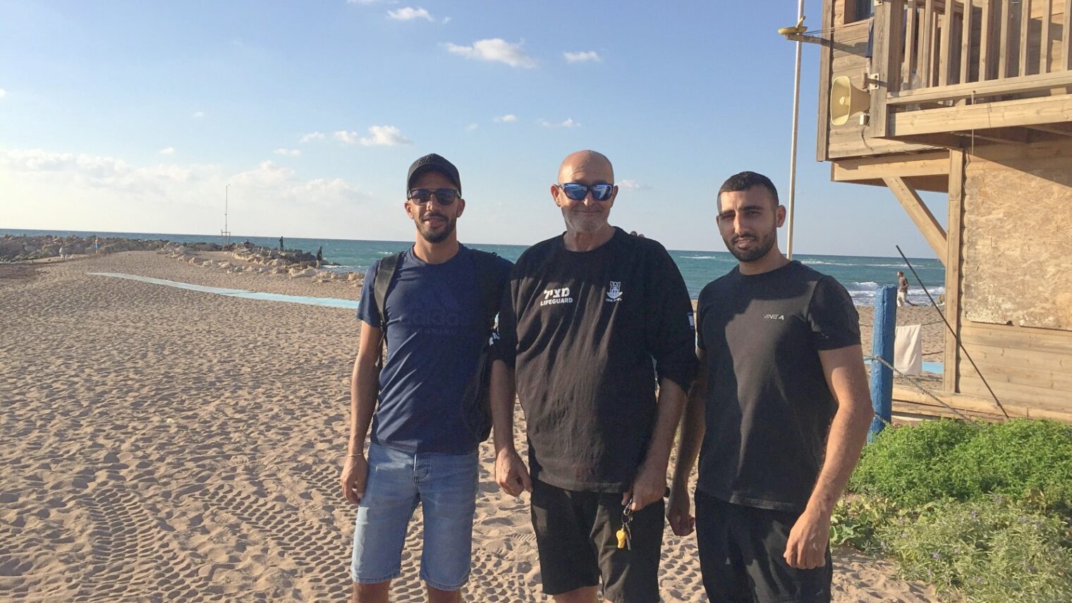 Lifeguards at Shavei Zion beach, from left, Ali Srhan, Gabriel Perez, Bassel Hlwe. Photo by Diana Bletter