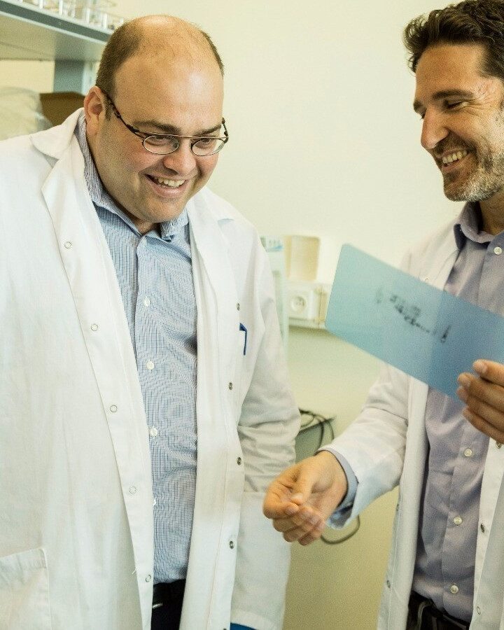 Shilo Ben Zeev, left, with Emendo Biotherapeutics cofounder and CEO Dr. David Baram. Photo courtesy of Shilo Ben Zeev