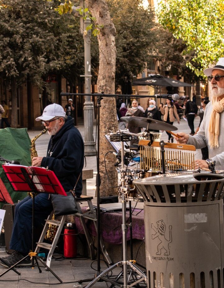 Street musicians on Ben Yehuda pedestrian mall in Jerusalem. Photo by Sivan Simhi