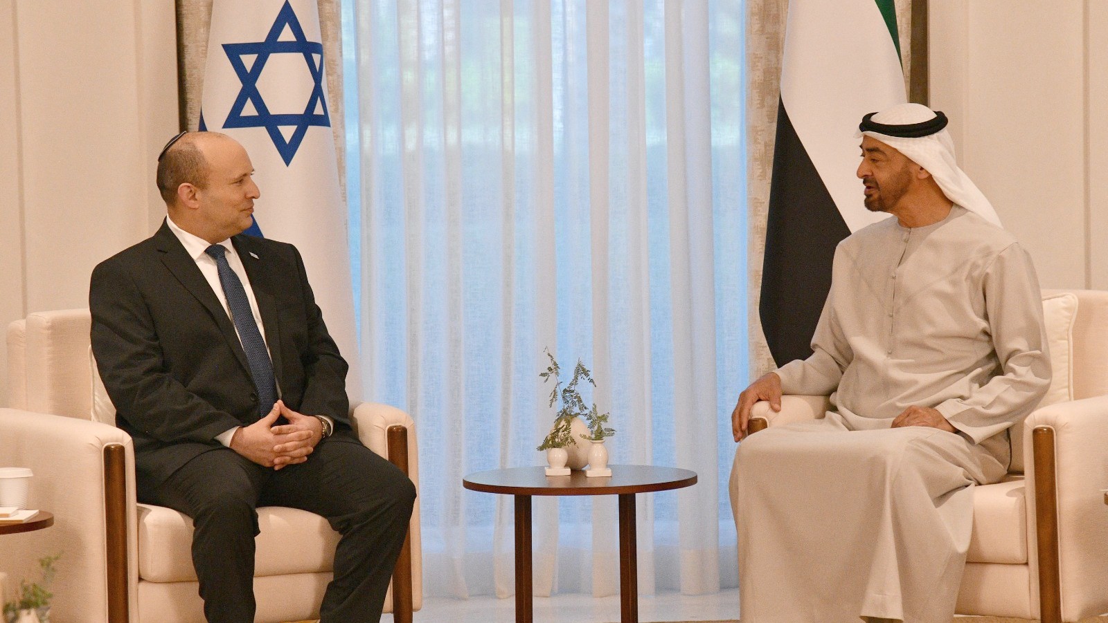 Prime Minister Naftali Bennett meeting with Abu Dhabi Crown Prince Sheikh Mohammed bin Zayed on December 13, 2021. Photo by Haim Zach/GPO
