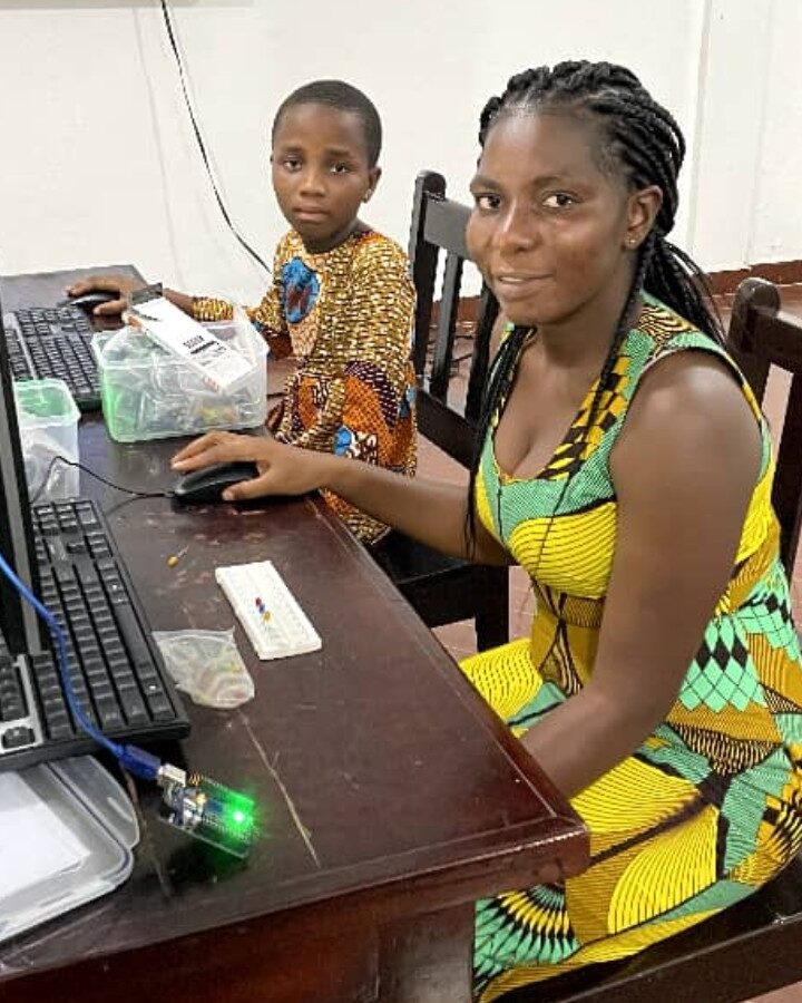 Frances Etornam Goba, 10, learning coding with instructor Josephine Eshun. Photo courtesy of World ORT