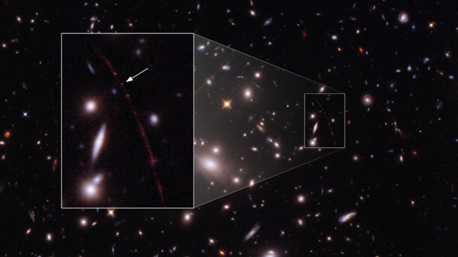 Highly magnified star Earendel. Photo courtesy of NASA, ESA, Brian Welch (JHU), Dan Coe (STScI); image processing by NASA, ESA, Alyssa Pagan (STScI)