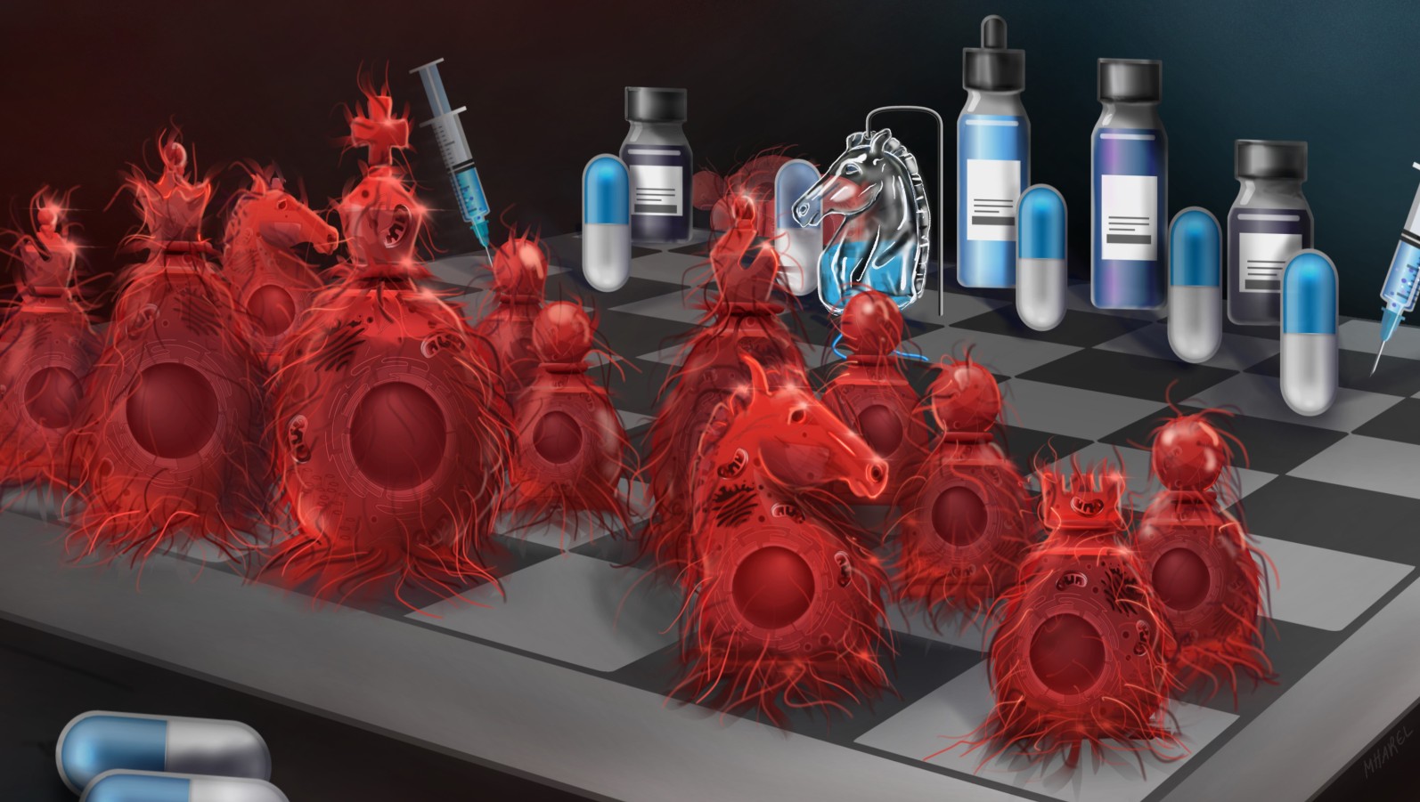 Conceptual illustration of the chess battle between cancer cells and anti-cancer drugs. Credit: Maayan Visuals