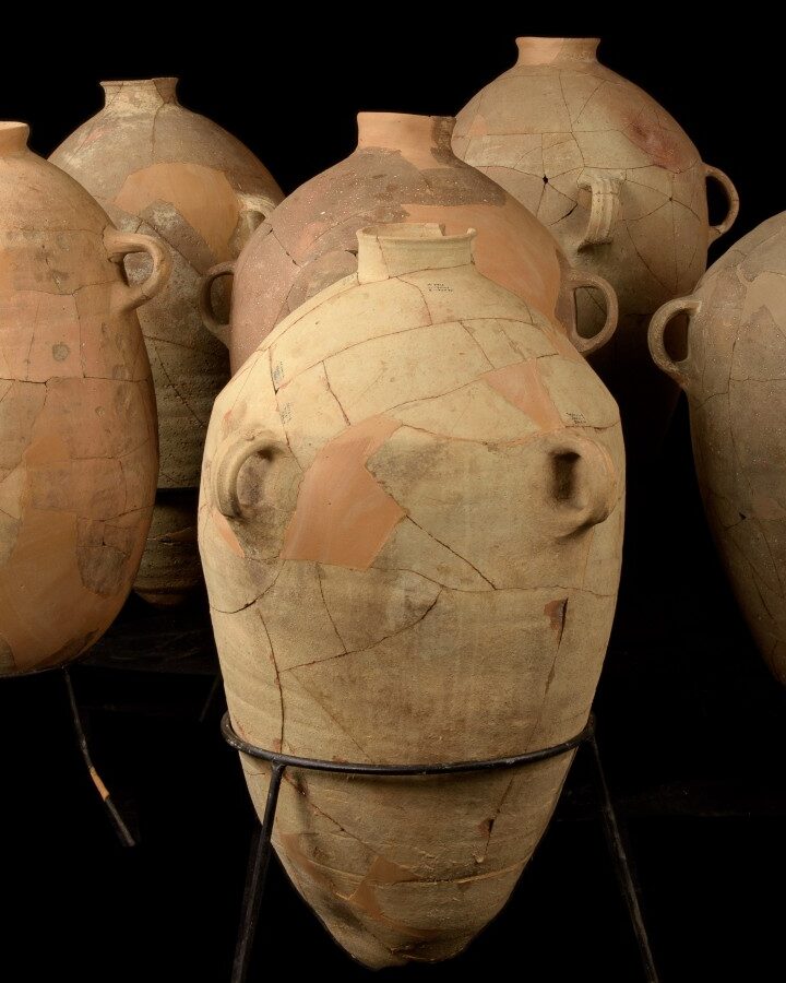 Collection of wine jars after the restoration process. Photo by Dafna Gazit/Israel Antiquities Authority