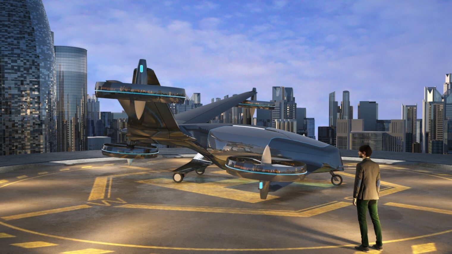 Artist’s rendering of a Pentaxi flying robo-taxi on a heliport. Image courtesy of Pentaxi