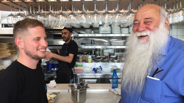 Uri Jeremais, right, with his grandson, Omer Cohen, who works at Uri Buri restaurant. Photo by Diana Bletter