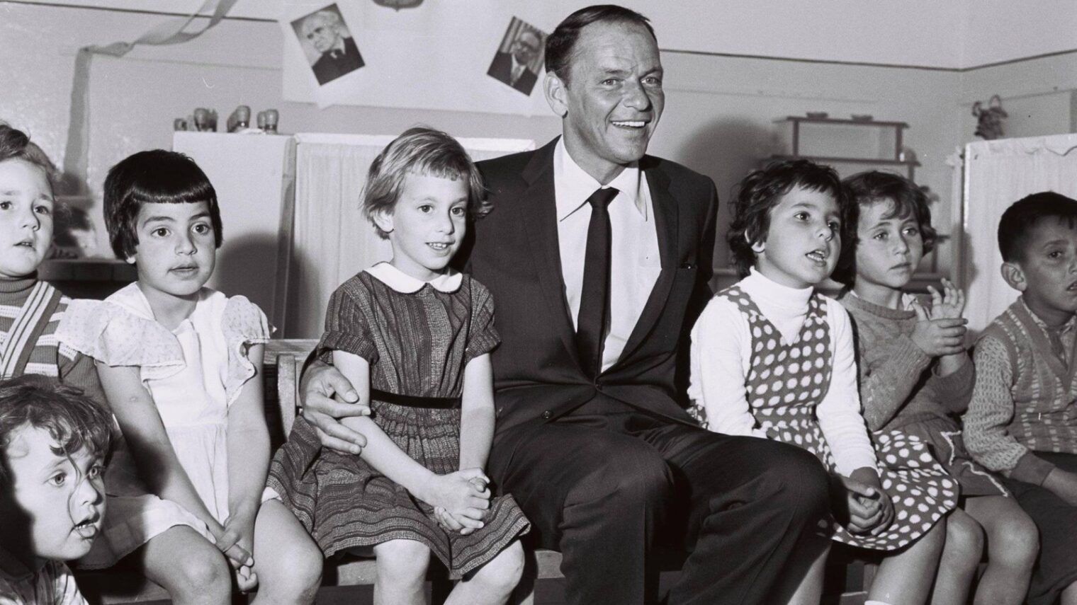 Frank Sinatra visiting a kindergarten in Nazareth Illit, 1962. Photo by GPO