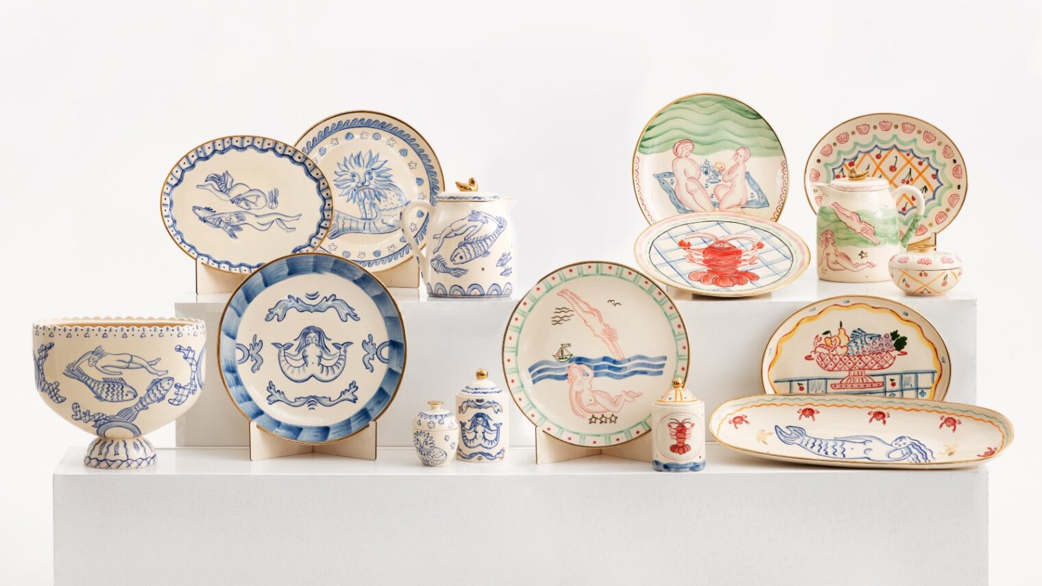 These hand-painted ceramics are inspired by Ukrainian naïve paintings and the artist’s memories of sea ​​vacations with her grandmother. Photo courtesy of The Nopo