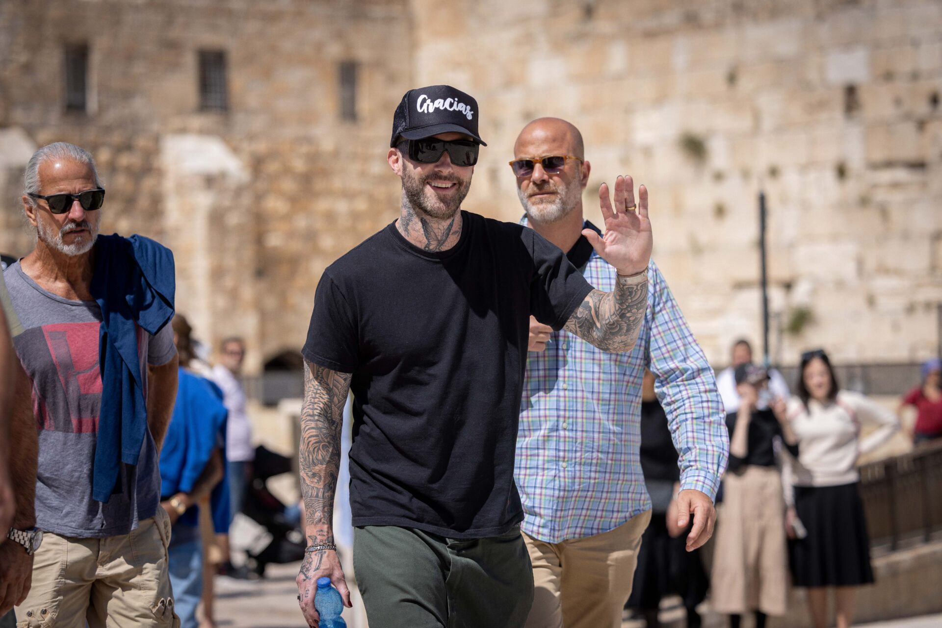 Maroon 5’s lead singer Adam Levine visits the Western Wall in Jerusalem on Sunday. Photo by Yonatan Sindel/Flash90