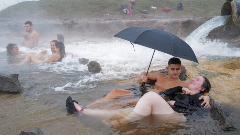 Israelis enjoy a winter day in the hot springs at Bental water reservoir in the Golan Heights. December 23, 2021. Photo by Michael Giladi/Flash90