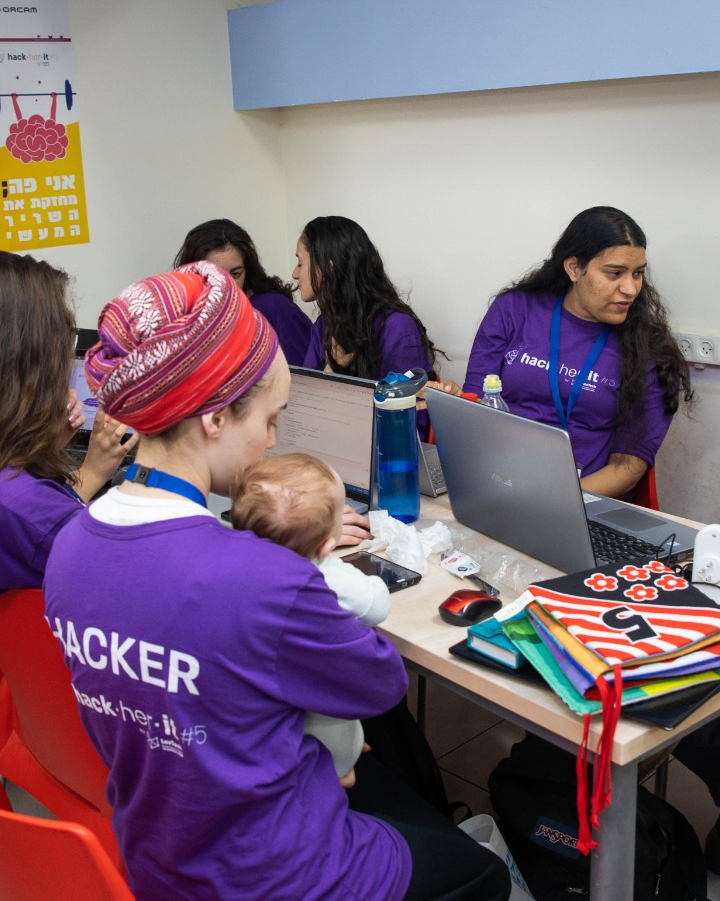 Orthodox women, some with babies, at the JCT LevTech Entrepreneurship Center’s hackathon. Photo by Michael Erenburg