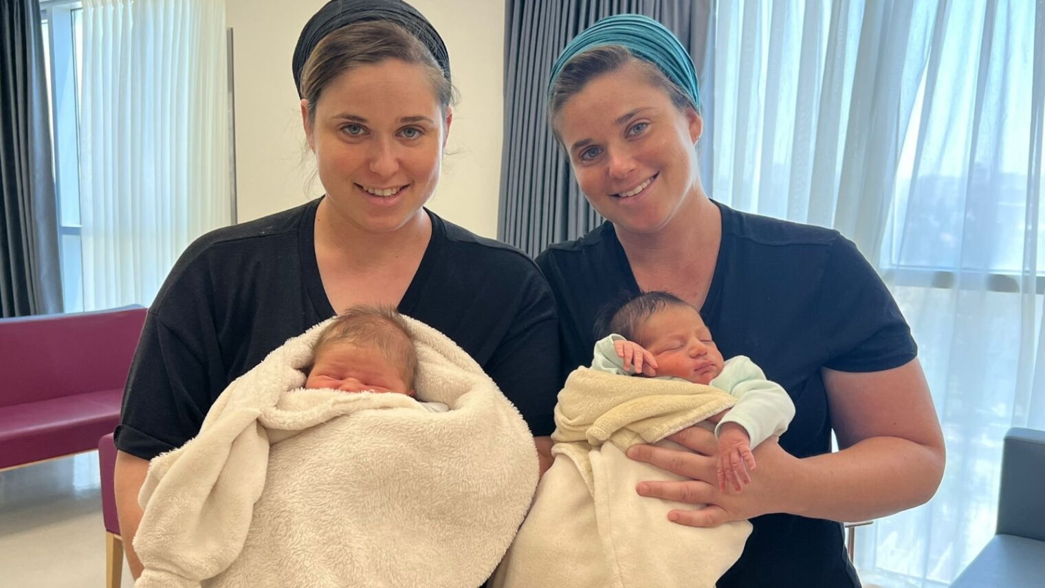 Identical twins Yael Yishai and Avital Segel delivered boys within hours of one another at Shaare Zedek Medical Center in Jerusalem. Photo courtesy of SZMC