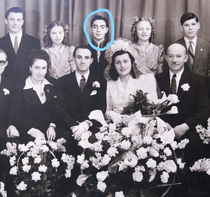 Henri Fernebock, top center, at a family wedding in 1946. The cousin at the top right also was killed in Israel’s War of Independence. Photo courtesy of Latet Panim L’Noflim
