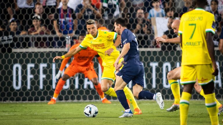 PSG player Lionel Messi, in blue, at the French Super Cup match between Paris Saint-Germain and Nantes at Bloomfield Stadium in Tel Aviv on July 31, 2022. Photo by Oren Ben Hakoon/Flash90
