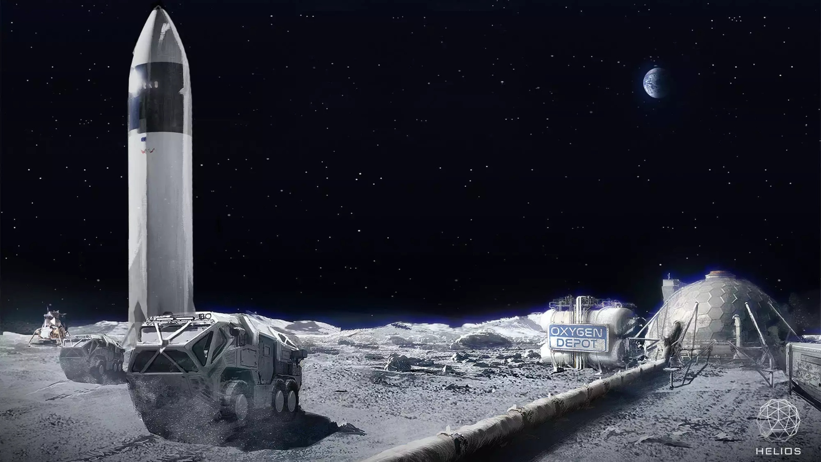 Artist's rendering of an oxygen production, liquification and storage facility on the Moon. Image courtesy of Helios