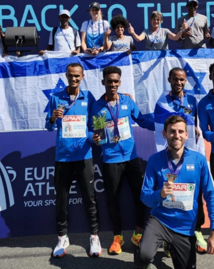 Israel’s men’s marathon team at the European Athletics Competition in Munich, August 2022. Photo courtesy of Israeli Athletics Association