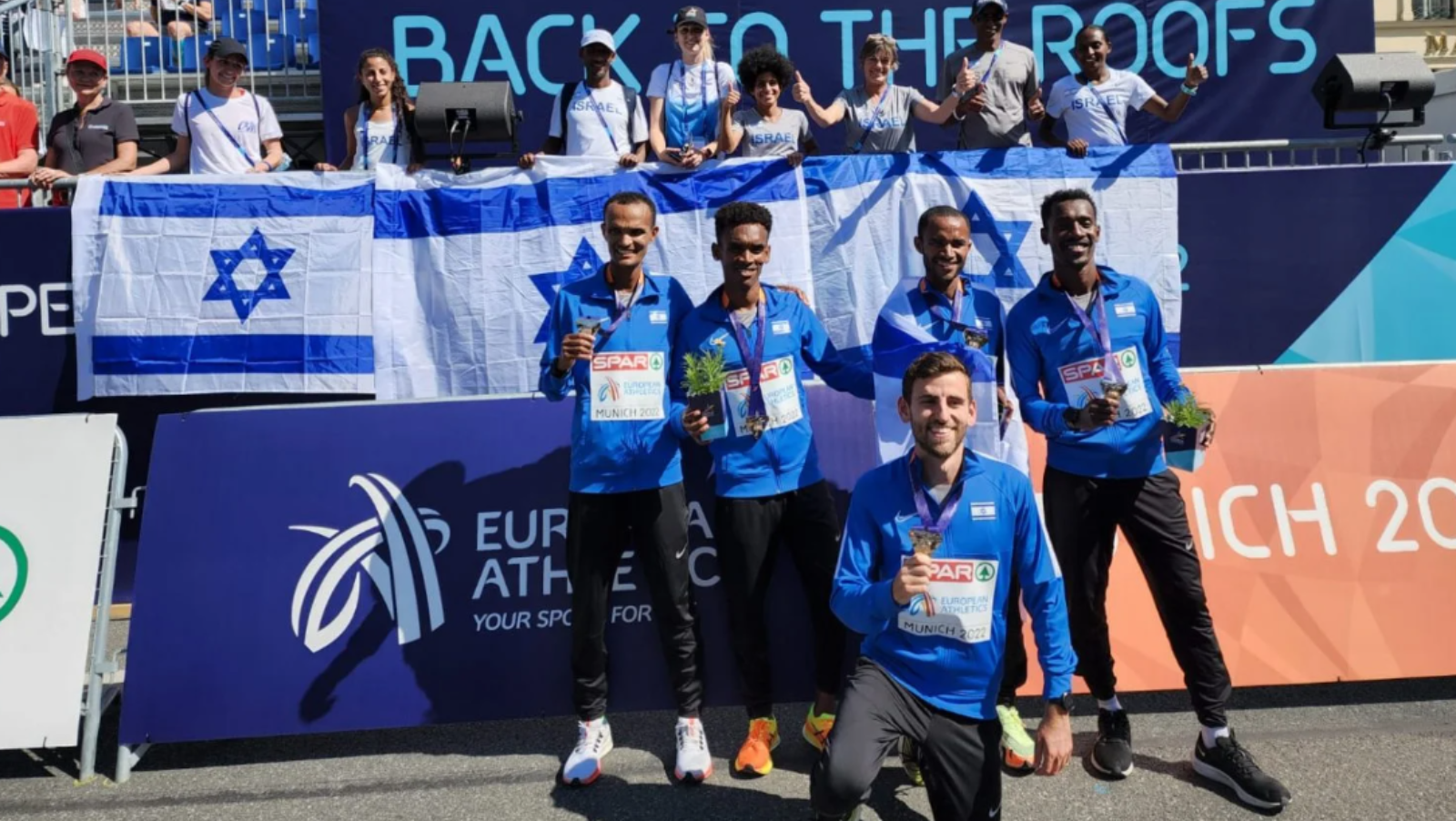 Israelâ€™s menâ€™s marathon team at the European Athletics Competition in Munich, August 2022. Photo courtesy of Israeli Athletics Association