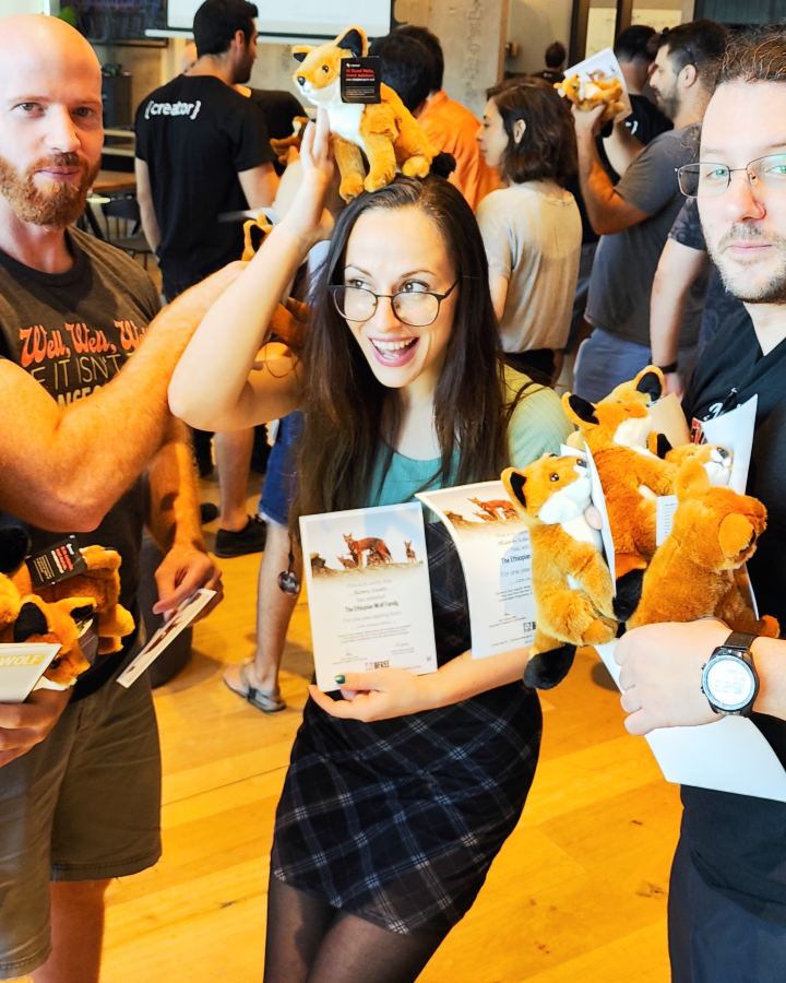 Overwolf employees were overjoyed with their wolf adoption certificates and plush wolves. Photo courtesy of Overwolf