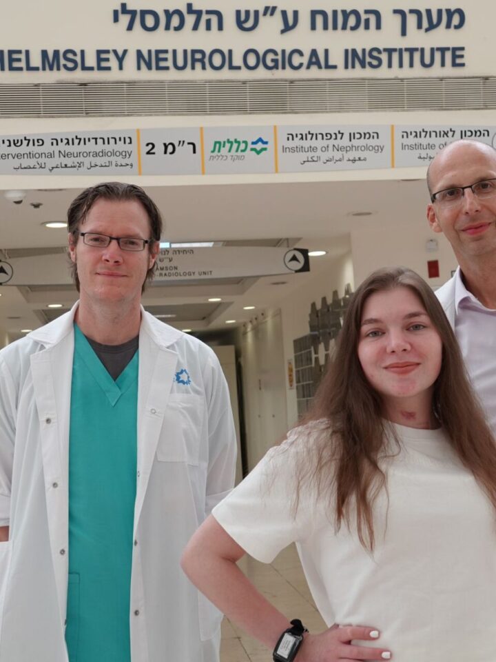 Anna Kosma at her discharge from Shaare Zedek Medical Center with physicians Dr. Stefan Mausbach, left, and Dr. Roni Eichel. Photo courtesy of Shaare Zedek