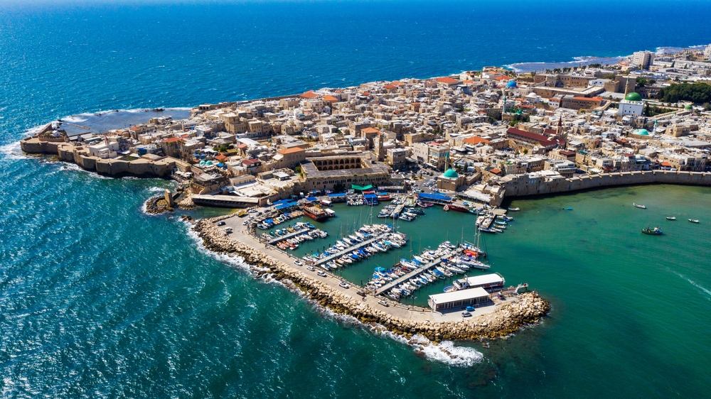 An aerial photo of Akko and it’s marina. Photo by Shadi Halaby, Shutterstock  