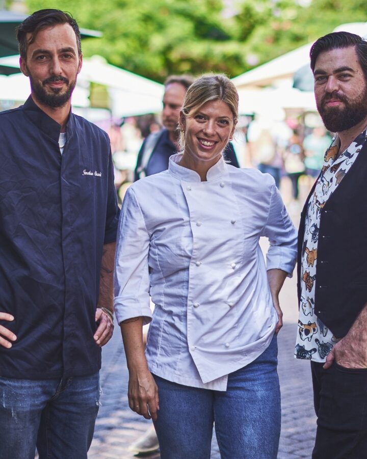 Chefs Jonathan Sharvit and Danna-Lee Berman, left, with sommelier Efi Kotz. Photo by Gil Aviram