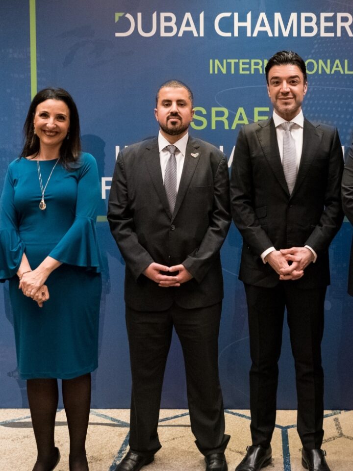 From left, Fleur Hassan Nahoum, cofounder, UAE Israel Business Council; Khalifa Alsuwaidi of the UAE Embassy in Tel Aviv; Hassan Al Hashemi, VP International Relations for Dubai Chambers; and Omar Khan, director of International Offices Dubai Chamber of Commerce and Industry. Photo by Tomer Lesher