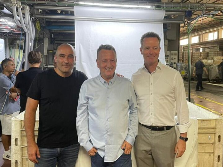 From left, Sonovia CEO Igal Zeitun, Sonovia owner Shuki Herschkovitz, Brückner Textile Technologies owner Axel Pieper. Photo courtesy of Sonovia