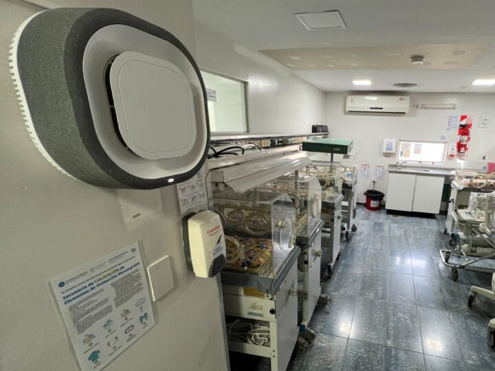 Aura Air’s device, left, purifying air in a hospital nursery. Photo courtesy of Aura Air