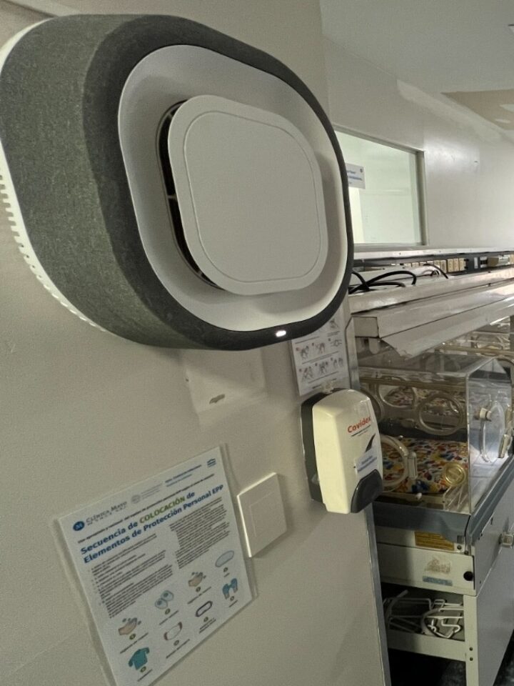 Aura Air’s device, left, purifying air in a hospital nursery. Photo courtesy of Aura Air