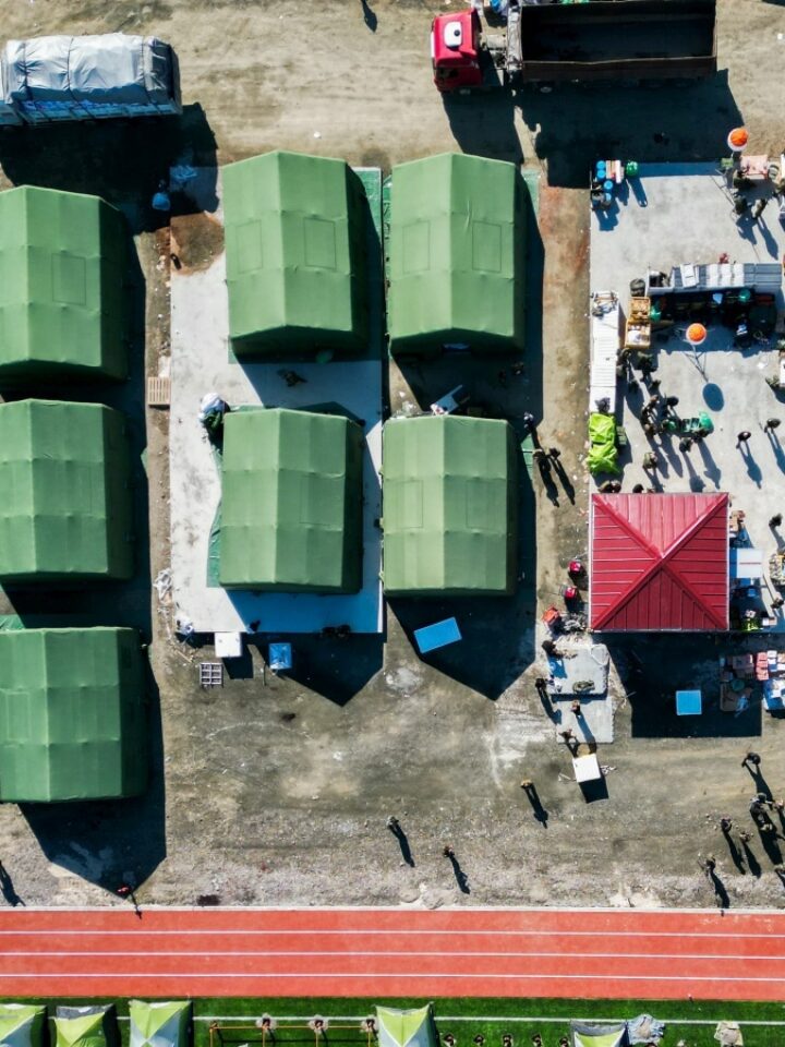An aerial view of the staging area of the Israeli army and Israeli rescue forces near the scene of the deadly earthquake in Kahramanmaras, Turkey, on February 9, 2023. Photo by Erik Marmor/Flash90