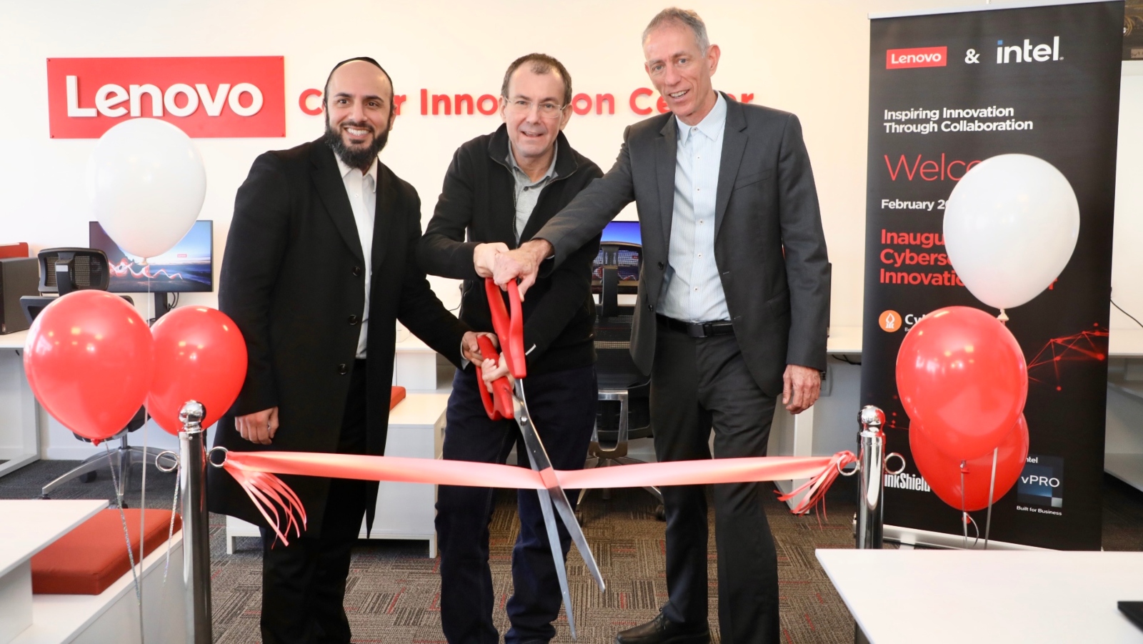 From left, Nima Baiati, Executive Director & GM, Commercial Cybersecurity Solutions, Lenovo; Luca Rossi, President of Intelligent Devices Group, Lenovo; Prof. Yuval Elovici, Head of Ben-Gurion University Cyber Security Research Center. Photo courtesy of BGU