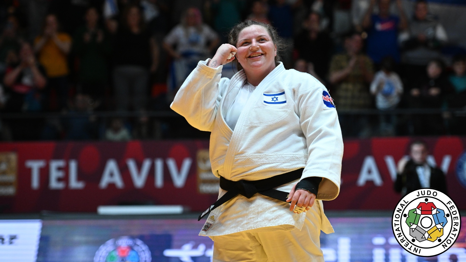 Raz Hershko celebrating her win at the Tel Aviv Grand Slam 2023. Photo Â© Tamara Kulumbegashvili/IJF