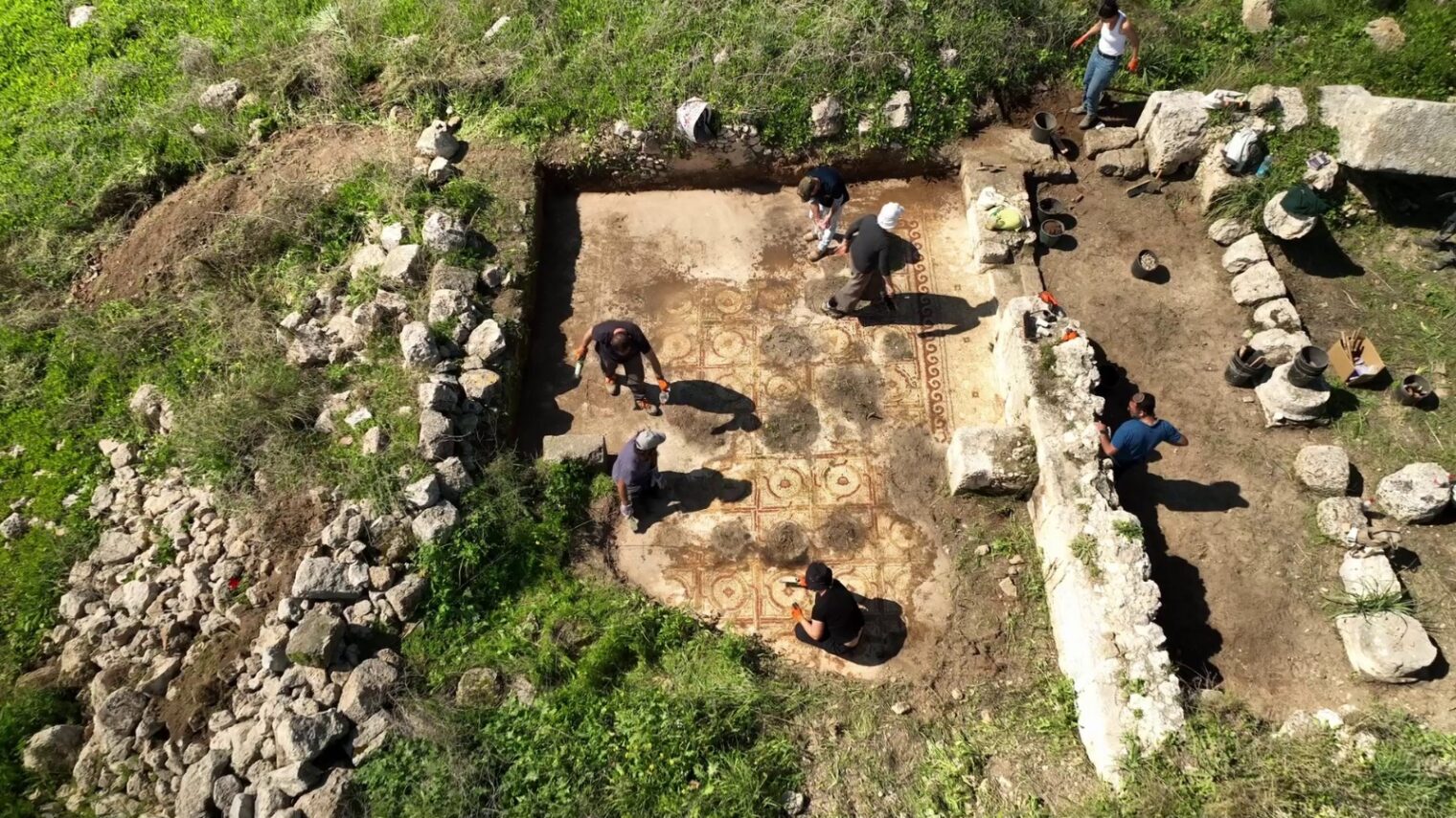 Uncovering the mosaic floor at Horvat El-Bira in central Israel. Photo by Emil Aladjem/Israel Antiquities Authority