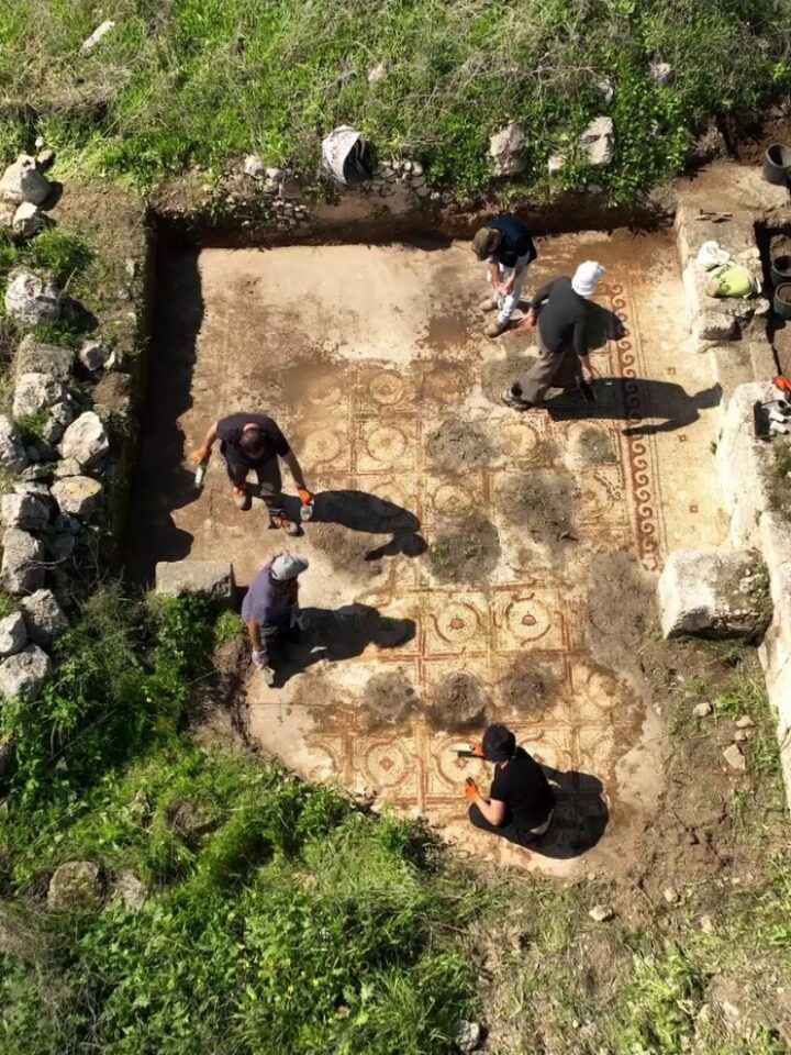 Uncovering the mosaic floor at Horvat El-Bira in central Israel. Photo by Emil Aladjem/Israel Antiquities Authority