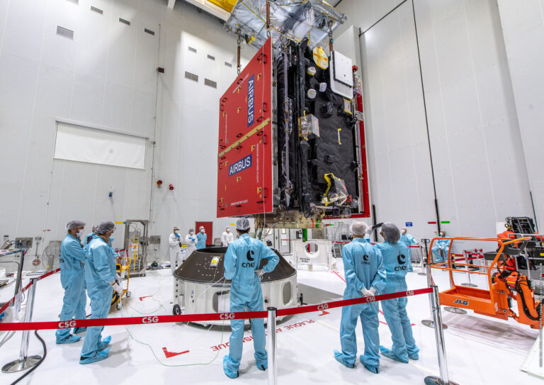 The JUICE spacecraft being prepared for fueling. Photo by ESA