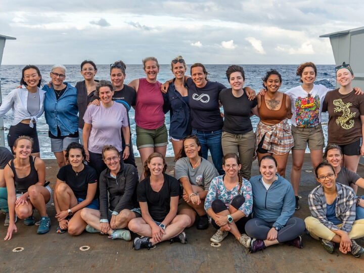 Group photo of the women on board the Thomas G. Thompson research ship. Photo by Frank Xavier Ferrer Gonzalez/University of Washington
