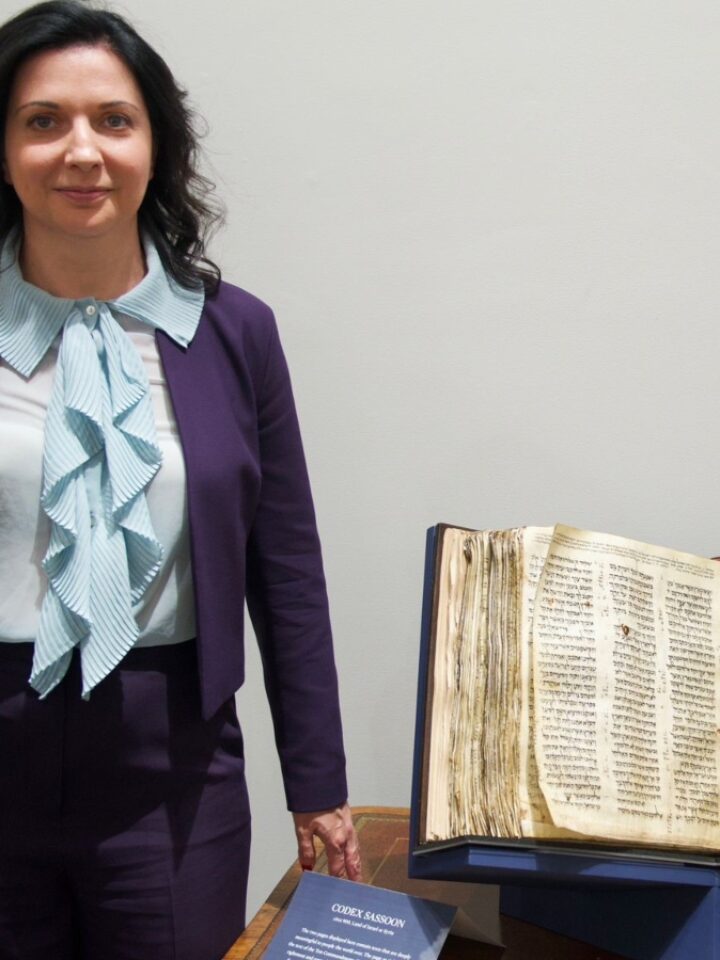 ANU Chairwoman Irina Nevzlin with the Codex Sassoon. Photo by Perry Bindelglass