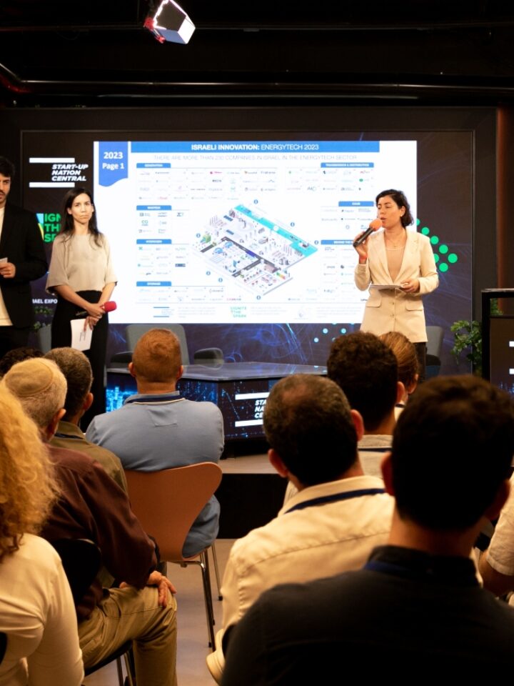 From left, Ignite The Spark CEO Shon Dana, Israel Export Institute Head of Cleantech & Smart Infrastructure Sector Hila Lipman, and Start-Up Nation Central Head of the Climate Tech Sector Yael Weisz Zilberman presenting the 2023 EnergyTech Landscape Map. Photo by Vered Farkash