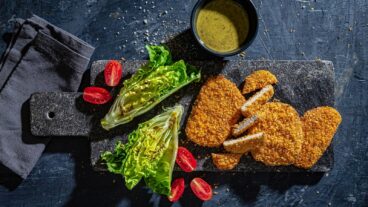 A new and techy spin on schnitzel replaces chicken breast with spirulina protein alternative. Photo by Nimrod Genisher