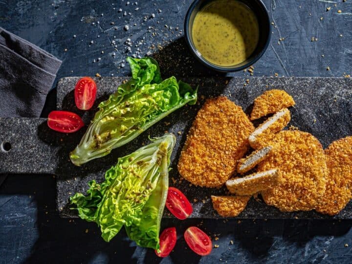 A new and techy spin on schnitzel replaces chicken breast with spirulina protein alternative. Photo by Nimrod Genisher