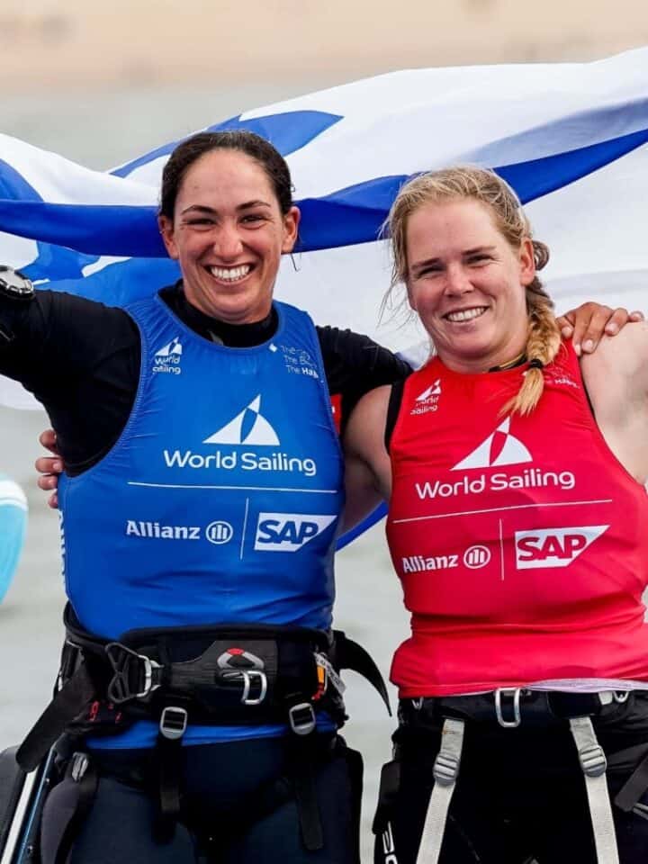 Gold medalist Shahar Tibi, left, and silver medalist Katy Spychakov celebrating at the Allianz World Championships in The Netherlands, August 2023. Photo by Sailing Energy/World Sailing.Credit: Sailing Energy / World Sailing.  19 August 2023.